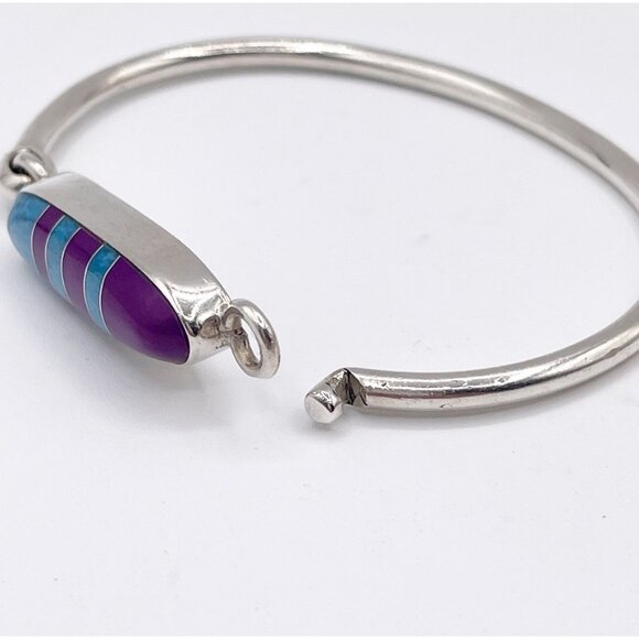 VTG 925 Sterling Silver Turquoise & Sugilite Inlay Hinged Bangle Bracelet Mexico - Picture 7 of 12